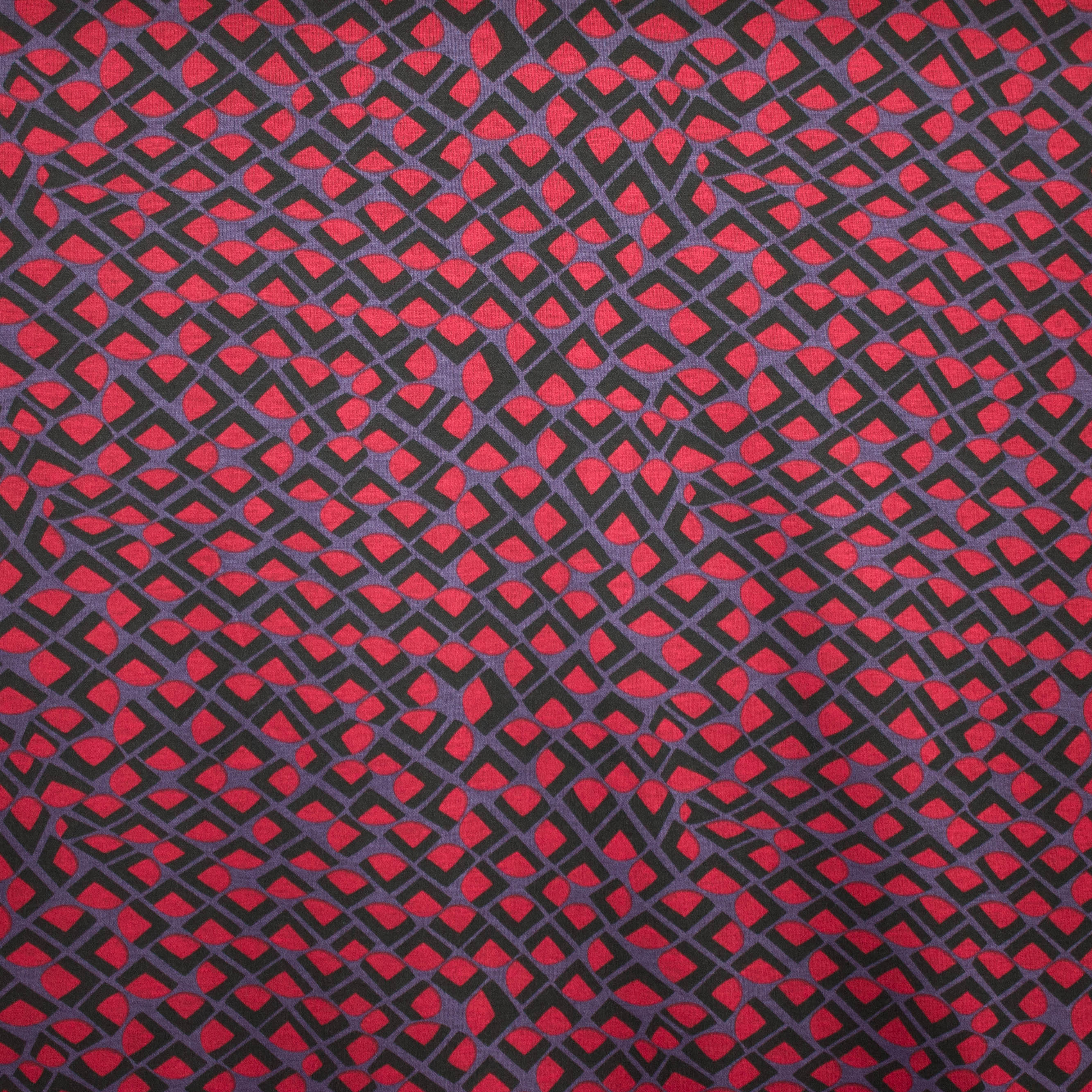 viscosemengeling staalblauw met rood abstract patroon